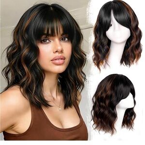 BRAND NEW Black Mixed Brown with Bangs Short Wavy Synthetic Shoulder Length Hair